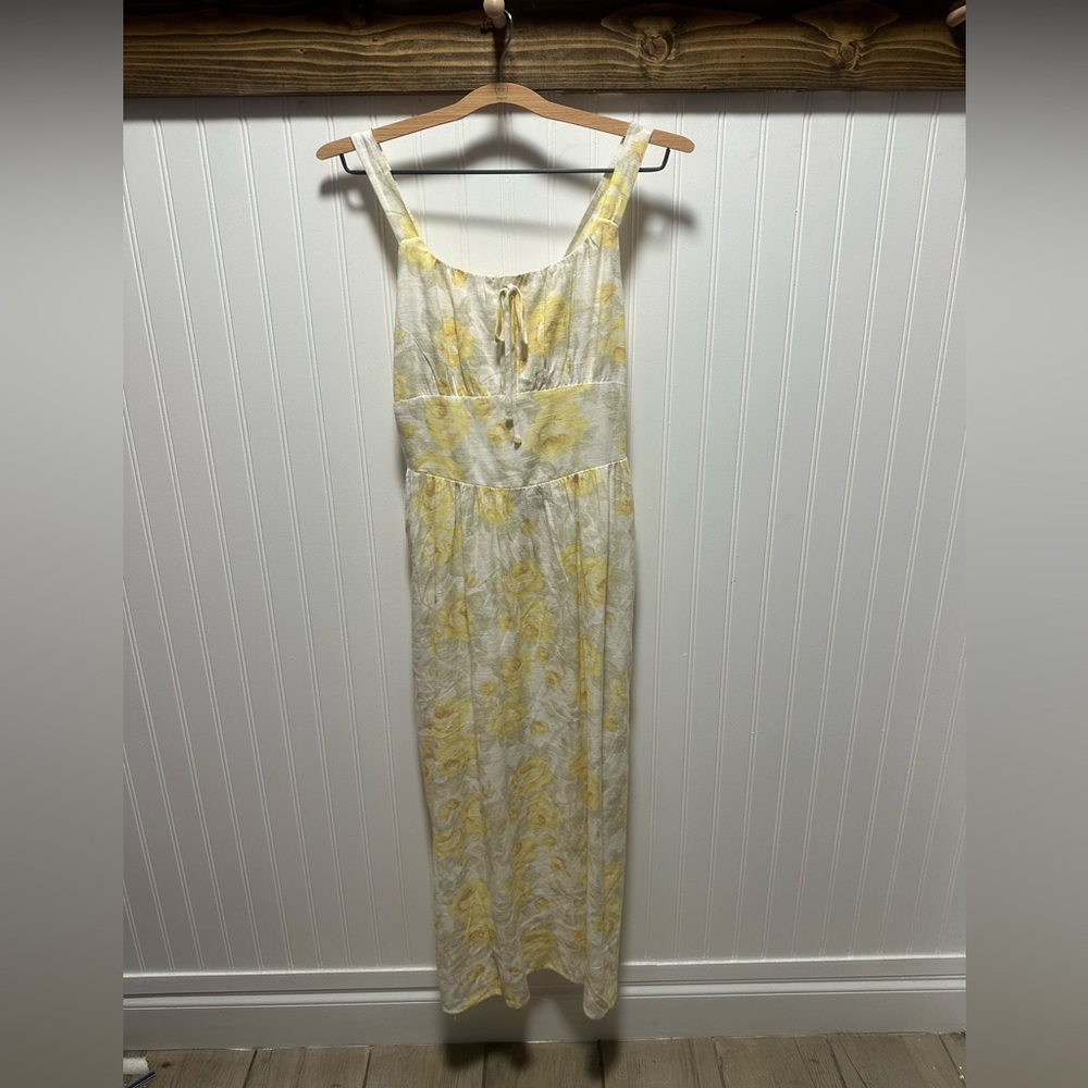 Monteau Yellow Floral Midi Dress Sz S Babydoll Easter Springs Milkmaid linen